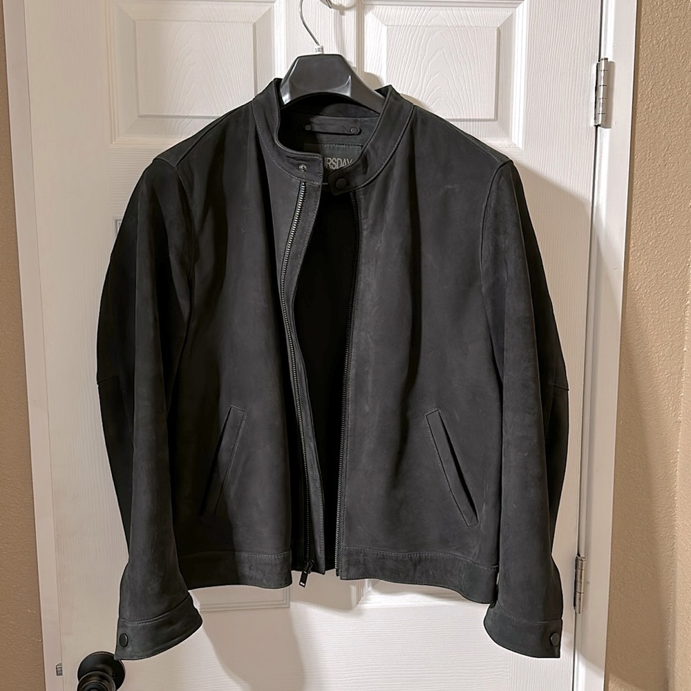 THURSDAY BOOT COMPANY Athletic Fitted LEATHER JACKET Black Suede Size X-Large